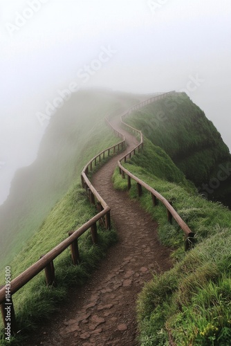 Winding pathway through misty green hills in a tranquil nature setting during...