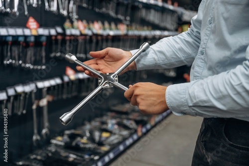 Automobile tool. Detailed close up view of man's hand in the hardware store