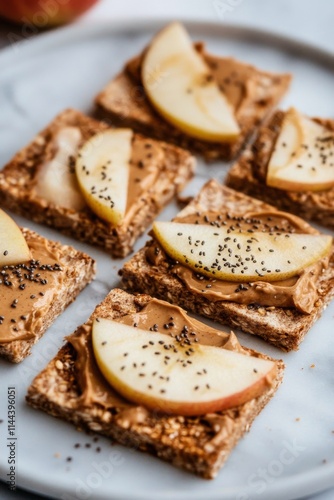 Delicious whole grain toast topped with peanut butter and sliced apples on a ...