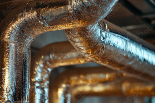 pipes covered in foil and an insulating layer. brown valve-equipped pipes. Pipe insulation made of foil. Thermal insulation properties of foil insulation demonstrated  photo