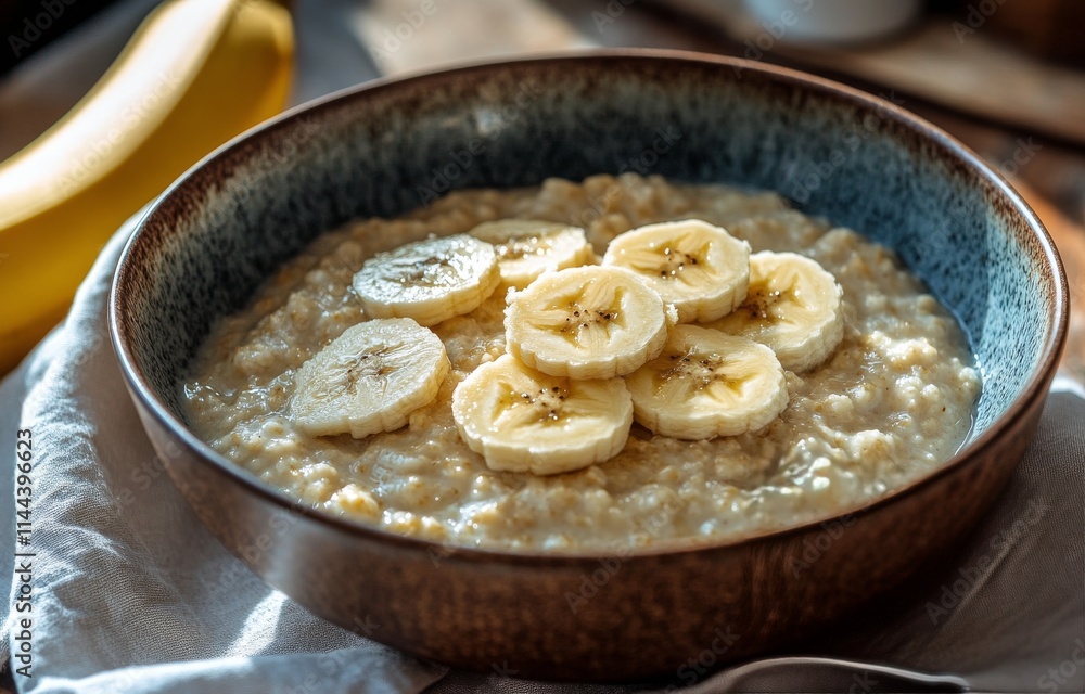 Oatmeal bowl topped with banana slices and nuts placed on a wooden surface near a window with natural light in a Oatmeal bowl topped with banana slices and nuts placed on a wooden surface near a window with natural light in a