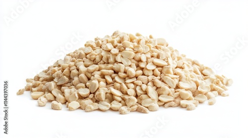 Peanuts (Shelled): A small pile of shelled peanuts, showcasing their beige, smooth texture, isolated on a white background. 