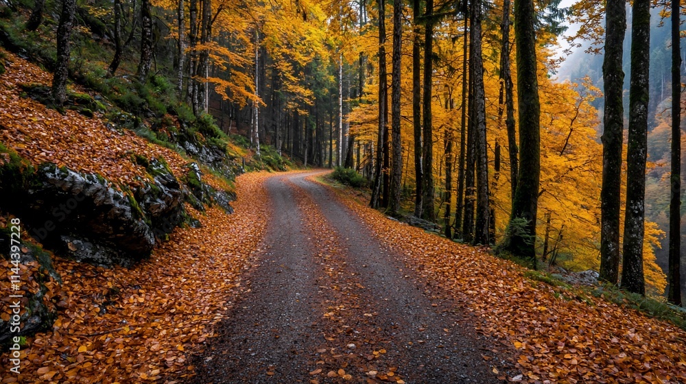 Fototapeta premium Winding road through autumn forest.