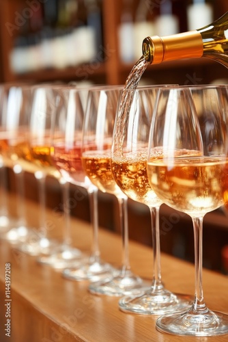 Pouring white wine into elegant glasses lined up on a wooden bar counter in a cozy wine cellar, showcasing a photo