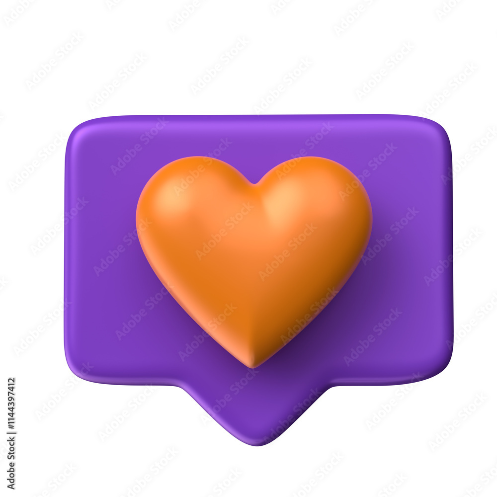 Orange Heart On Purple Speech Bubble Icon In 3D Render with transparent background Orange Heart On Purple Speech Bubble Icon In 3D Render with transparent background