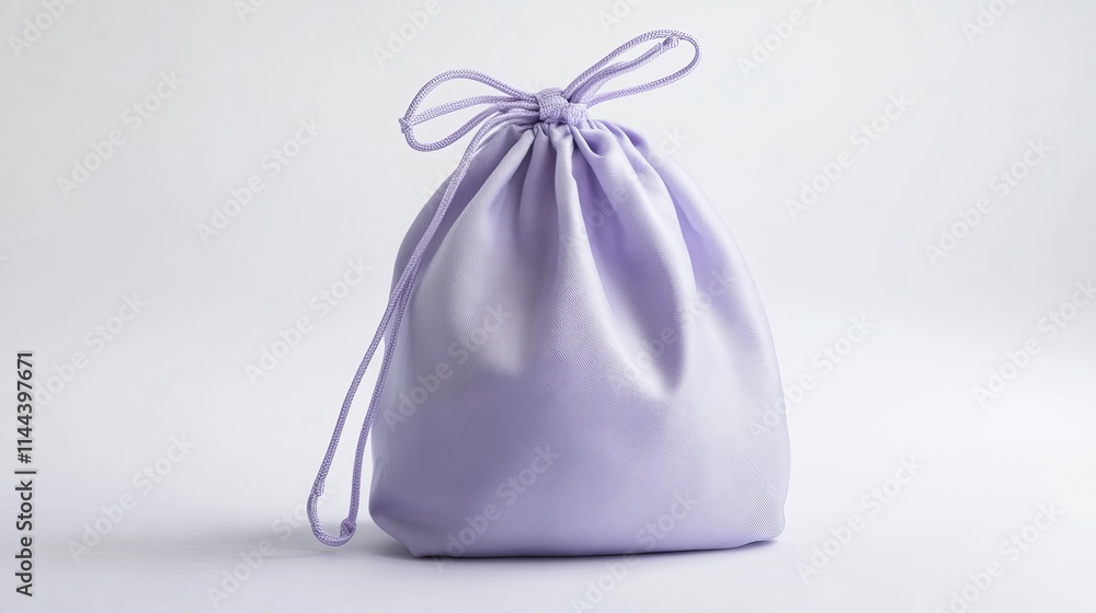 Drawstring Bag: A lightweight drawstring purse in soft lavender with a cinched top, isolated on a white surface. Drawstring Bag: A lightweight drawstring purse in soft lavender with a cinched top, isolated on a white surface.
