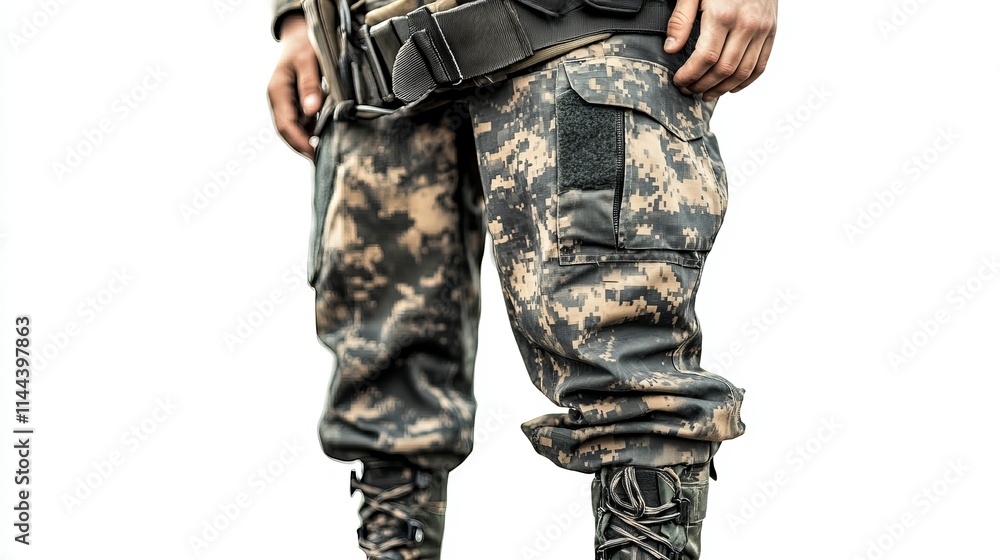 Fototapeta premium Soldier: A camouflage uniform with combat boots and a utility belt, isolated on a white background. 