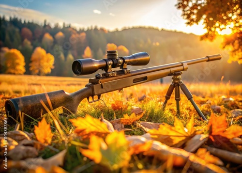 Autumn Precision Rifle Shooting:  High-Resolution Candid Photos of Scoped Rifle in Fall Field photo