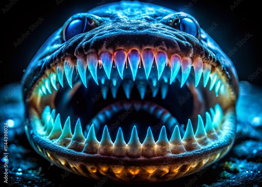 Fototapeta premium Night Ocean Fish Teeth: Bioluminescent Deep Sea Predator Jaws, Underwater Macro Photography, Dark Aquatic Life