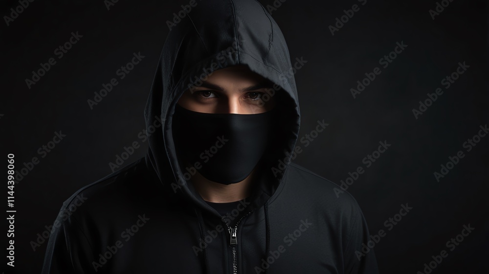 Here are a few options for your stock photo description, all under 200 characters:..**Option 1 (Focus on mystery):**..> Mysterious figure in black hoodie and mask Here are a few options for your stock photo description, all under 200 characters:..**Option 1 (Focus on mystery):**..> Mysterious figure in black hoodie and mask
