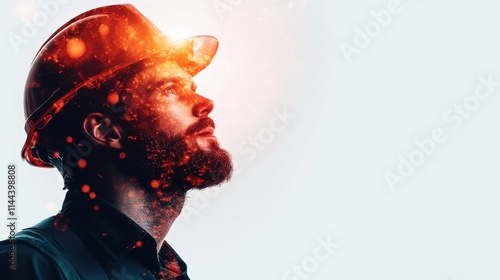 A contemplative worker, donning a hard hat, is illuminated by sparks, symbolizing innovation and introspection in a dynamic and creative engineering environment. photo