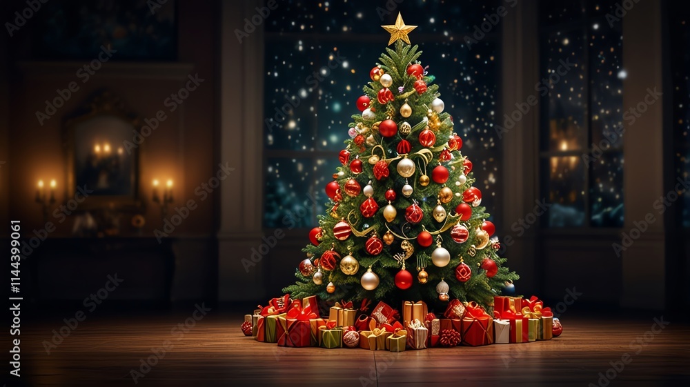 Obraz premium Here are a few options for your stock photo description, all under 200 characters:..**Option 1 (Focus on luxury):**..> Luxurious Christmas tree adorned with ornaments and gifts