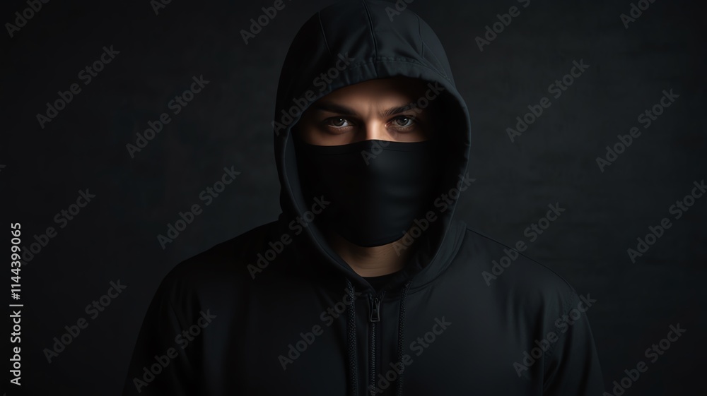 Here are a few options for your stock photo description, all under 200 characters:..**Option 1 (Focus on mystery):**..> Mysterious figure in dark hoodie and mask Here are a few options for your stock photo description, all under 200 characters:..**Option 1 (Focus on mystery):**..> Mysterious figure in dark hoodie and mask