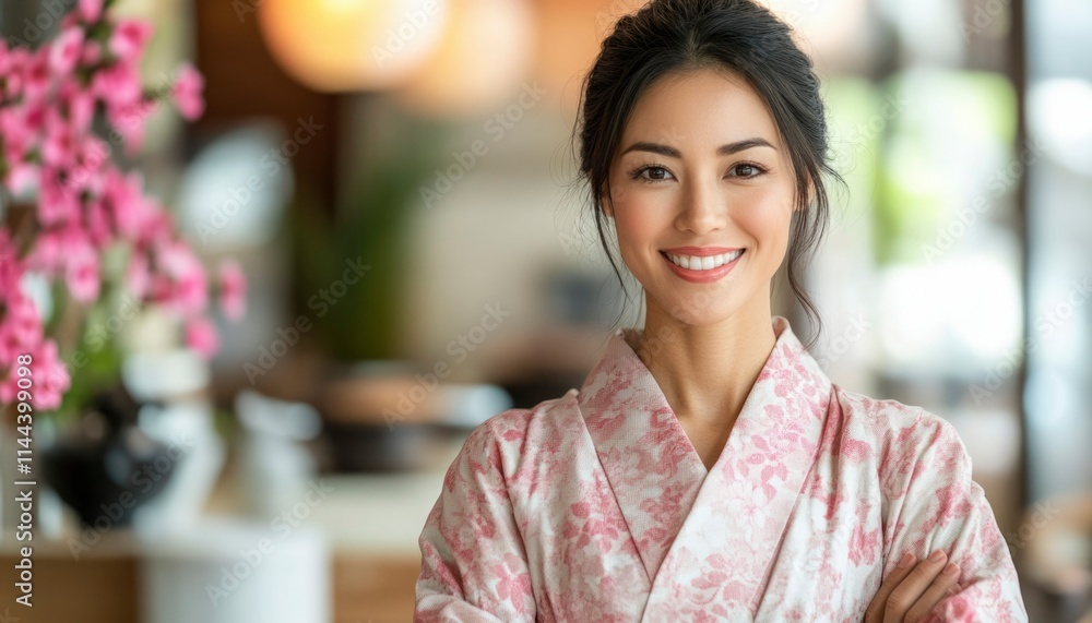 Young Woman Smiling Wearing a Pink Floral Kimono Young Woman Smiling Wearing a Pink Floral Kimono