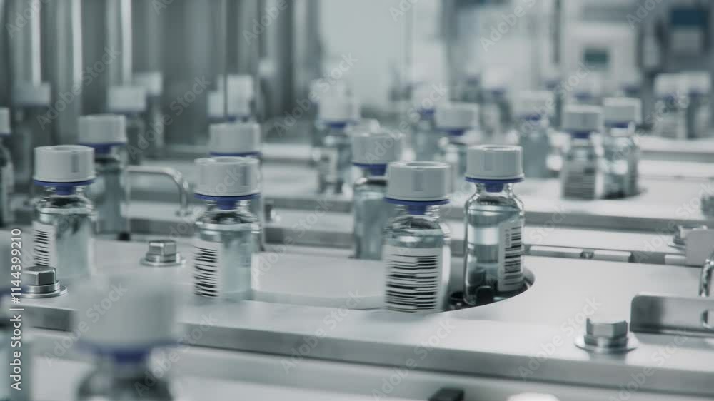 Medicine Manufacturing Process. Close-up of Medical Glass Vials with White Caps on Conveyor Line at Modern Pharmaceutical Factory. Medication Production Plant. Medicine Manufacturing Process. Close-up of Medical Glass Vials with White Caps on Conveyor Line at Modern Pharmaceutical Factory. Medication Production Plant.