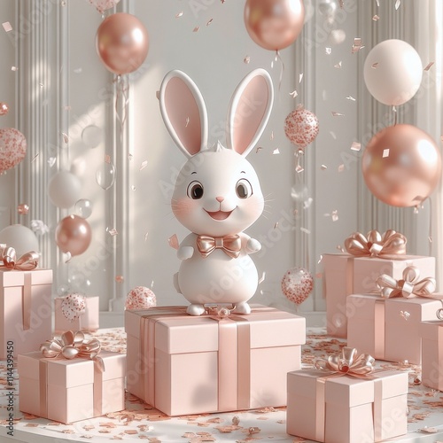 Cute bunny character surrounded by pastel gifts and balloons creating a festi...