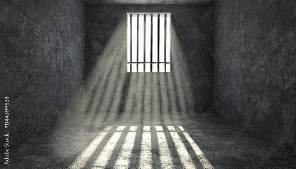 A solitary confinement cell with barred window and light beams A solitary confinement cell with barred window and light beams