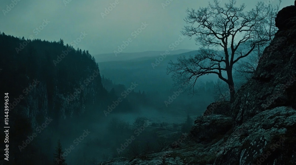 Obraz premium Lone tree on cliff overlooking misty valley at dusk.