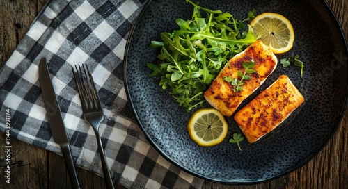 Deliciously prepared white fish fillets served on a bed of fresh arugula with...