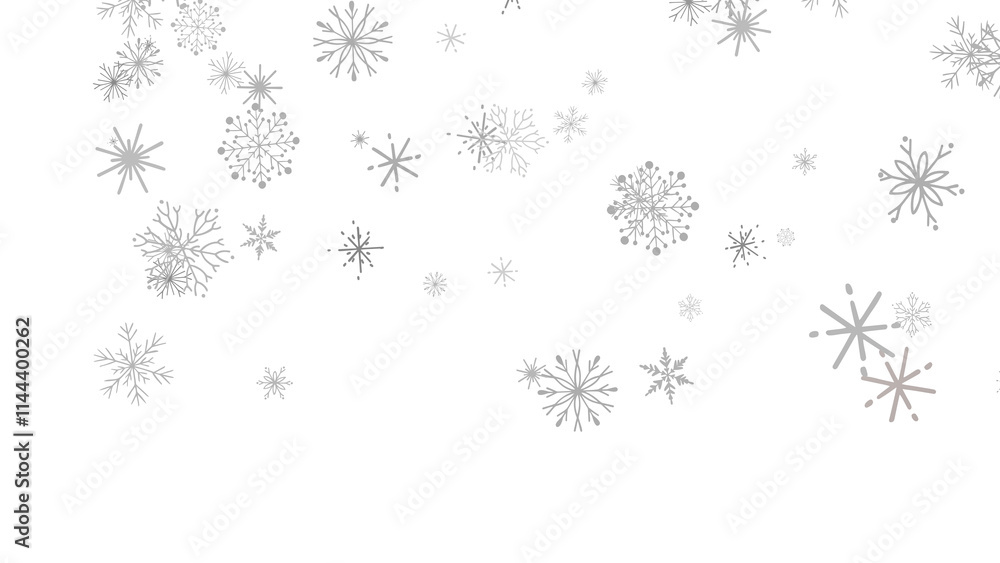 With Realistic Snowflakes Overlay On Light Silver Backdrop. Xmas Holidays With Realistic Snowflakes Overlay On Light Silver Backdrop. Xmas Holidays