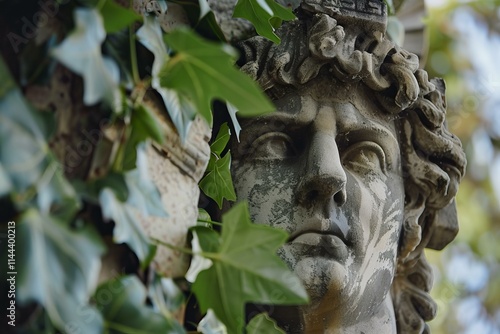 Ancient stone statue partially covered by ivy in a garden is giving a melancholic feeling photo