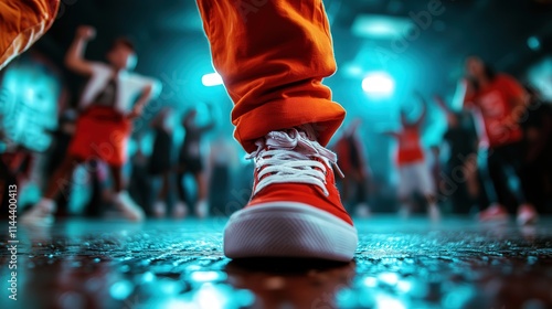 A vibrant scene capturing the energy of a dance floor, showcasing a bright orange sneaker in the foreground, surrounded by lively dancers in a colorful ambiance.