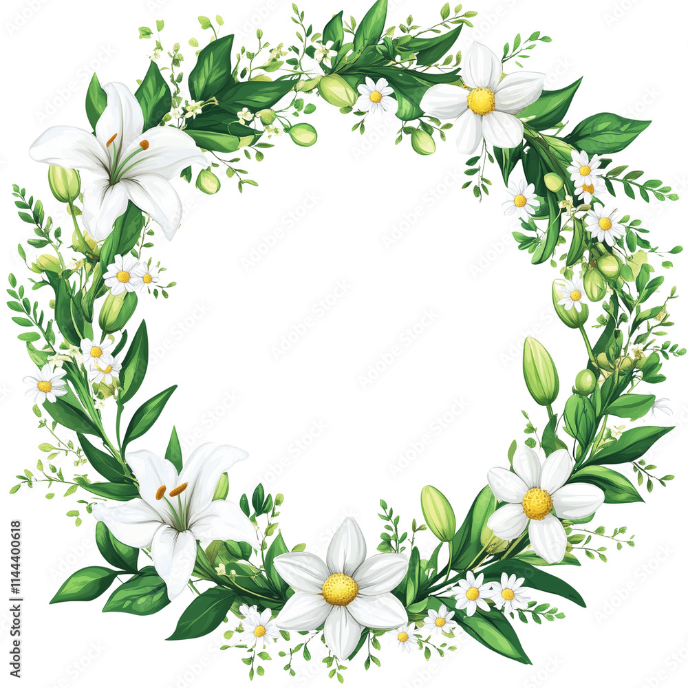 Floral wreath with Easter lilies, daisies, and budding branches Floral wreath with Easter lilies, daisies, and budding branches