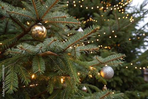 
Image of snowflakes over christmas tree and decorations on black background
