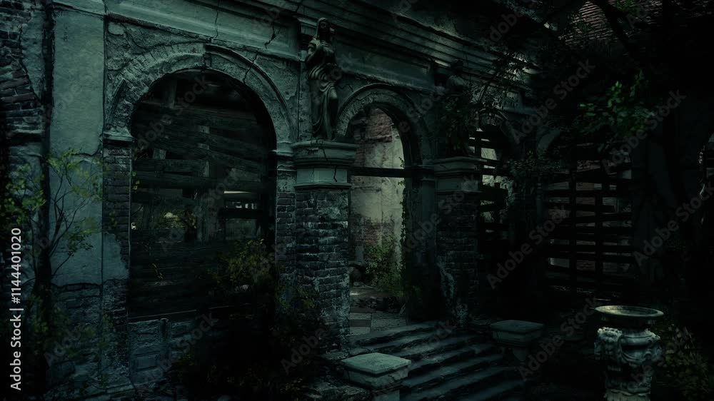 The decaying remains of an old European mansion reveal intricate stonework and overgrown vegetation, evoking a sense of history and abandonment in an atmospheric setting. The decaying remains of an old European mansion reveal intricate stonework and overgrown vegetation, evoking a sense of history and abandonment in an atmospheric setting.