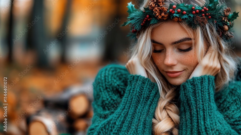 A serene portrait of a young woman with a crown of pine cones and berries, enjoying a peaceful autumn moment, wrapped in a cozy green sweater amidst nature. A serene portrait of a young woman with a crown of pine cones and berries, enjoying a peaceful autumn moment, wrapped in a cozy green sweater amidst nature.