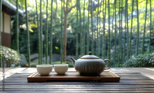 Serene tea setup with a teapot and cups against a tranquil bamboo backdrop in...