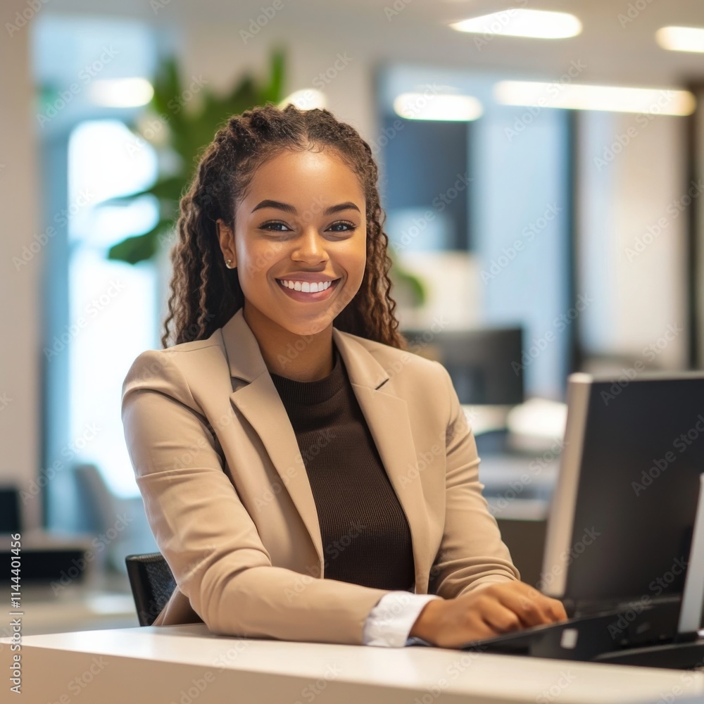 Smiling young Black woman at a bright office desk. Smiling young Black woman at a bright office desk.