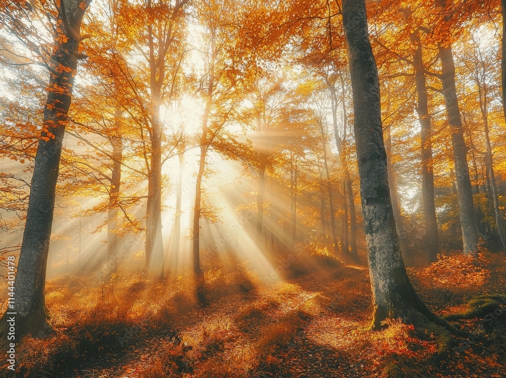 In a bright, foggy forest, the sun breaks through the morning mist, highlighting trees in full autumn color. In a bright, foggy forest, the sun breaks through the morning mist, highlighting trees in full autumn color.