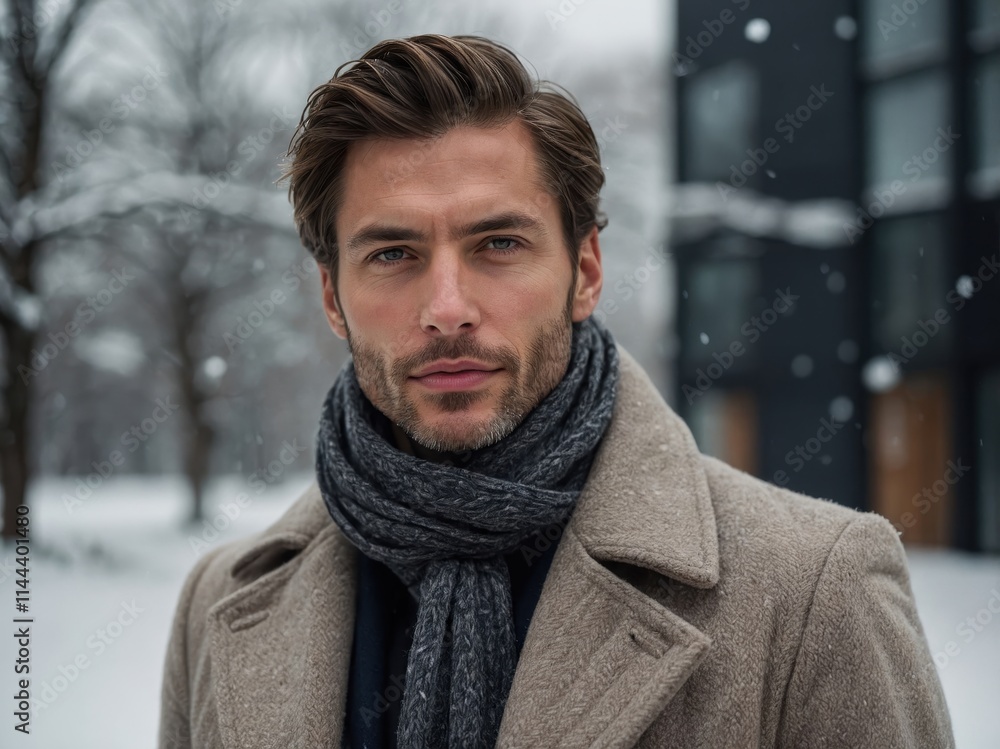 Confident man in winter attire stands in snowy landscape near modern architecture during a serene winter day Confident man in winter attire stands in snowy landscape near modern architecture during a serene winter day