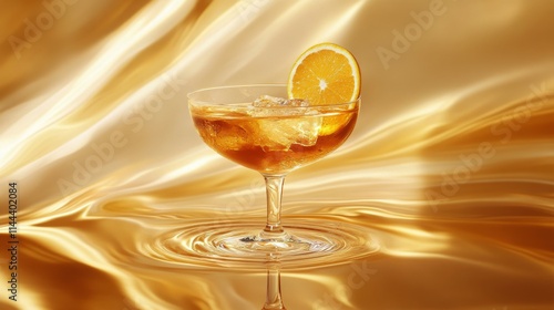 Refreshing cocktail with orange slice garnishing a glass on shimmering golden...