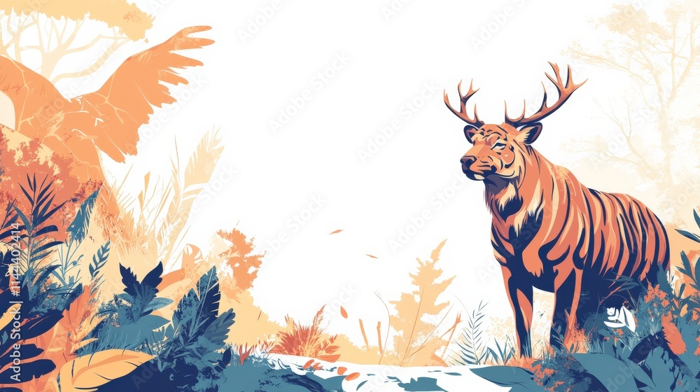 Majestic Tiger Surrounded by Vibrant Flora and Fauna in an Enchanting Landscape Illustration Evoking a Sense of Wilderness and Serenity Majestic Tiger Surrounded by Vibrant Flora and Fauna in an Enchanting Landscape Illustration Evoking a Sense of Wilderness and Serenity