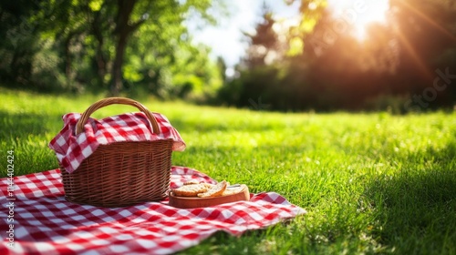 Picnic basket with fresh bread and lemons on a checkered blanket in a sunlit ...