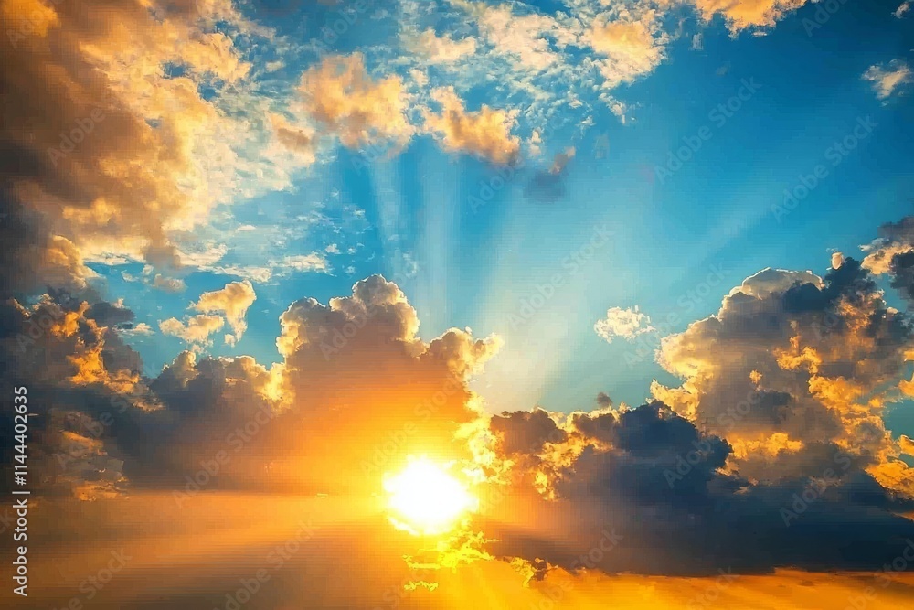 Naklejka premium The sky is painted with vibrant hues during sunrise and sunset, featuring a mix of blue and orange amidst the clouds.
