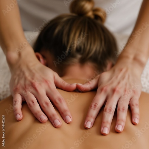 Woman experiencing soothing massage of the collar zone in tranquil spa atmosphere