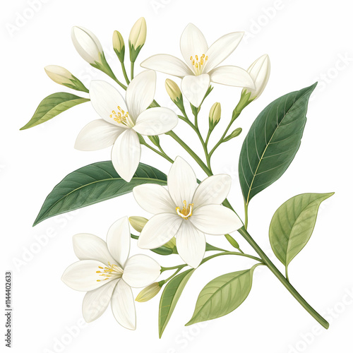 elegant and stunning illustrations of arabian jasmine flowers with delicate white petals and lush green leaves