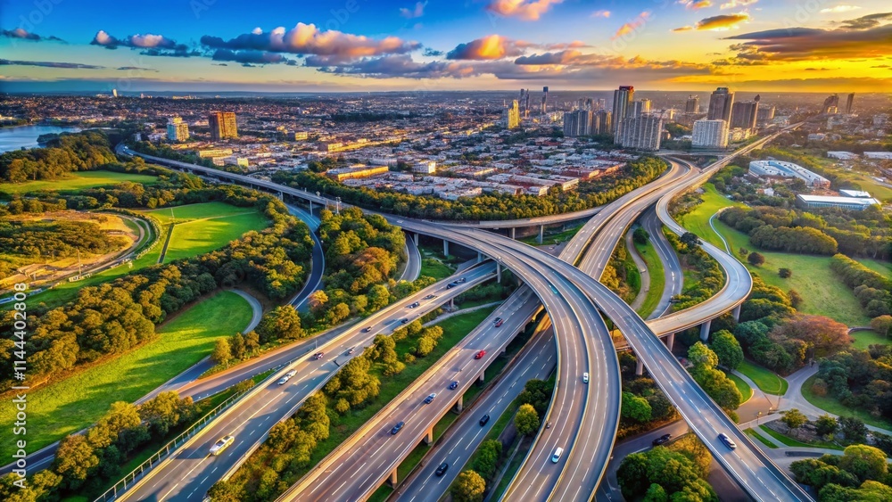 Fototapeta premium Panoramic Aerial Drone Shot: Sydney Light Horse Interchange, M4 & M7 Motorways Junction