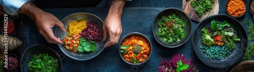 Close up of Chef s Hands Plating Vibrant and Colorful Organic Dishes for Farm to Table Dining Concept photo