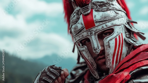 Dressed in classic Roman armor with a red plume, a soldier stands vigilant, symbolizing protection and preparedness amidst a sprawling historical landscape backdrop. photo