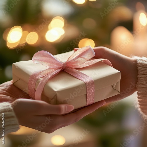 Delicate gift exchange during festive celebration with soft bokeh lights crea...