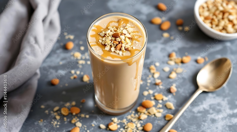 Overhead Almond Butter Smoothie with Chopped Nuts (Gluten-Free Cuisine) Overhead Almond Butter Smoothie with Chopped Nuts (Gluten-Free Cuisine)