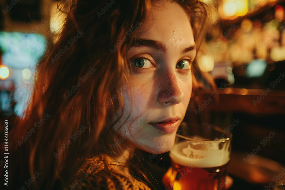 Ai generated photo of young woman in pub at evening Ai generated photo of young woman in pub at evening
