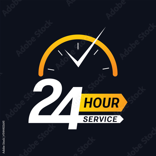 a blue background with a yellow sign that says 24 hour service banner with clock
