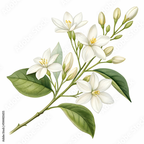 elegant and stunning illustrations of arabian jasmine flowers with delicate white petals and lush green leaves