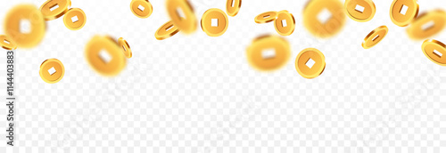 Realistic gold Chinese coins png. Gold coins explosion png. Gold Chinese coins falling from the sky. Victory, easy money.