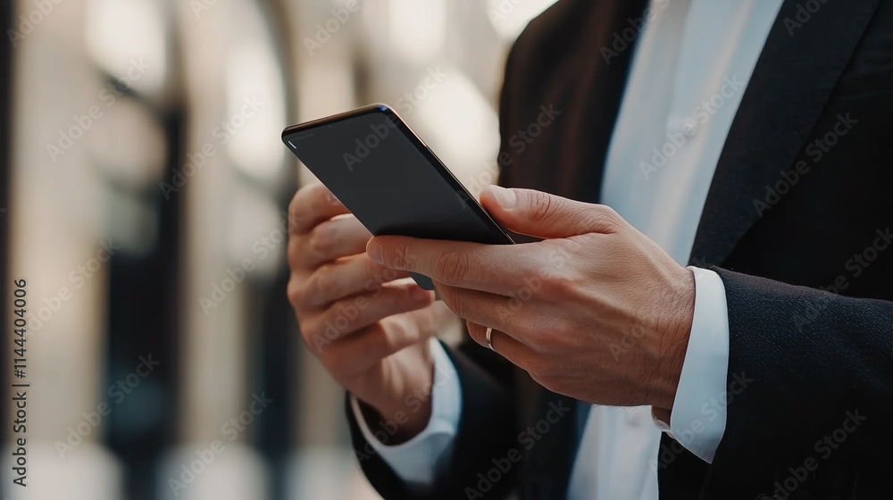 Man uses smartphone while dressed in business attire in a modern urban setting Man uses smartphone while dressed in business attire in a modern urban setting